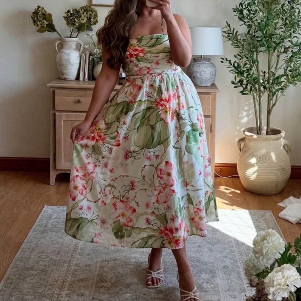 H&M Tie-back Bandeau Dress Midi Floral White/flowers Bnwt!!